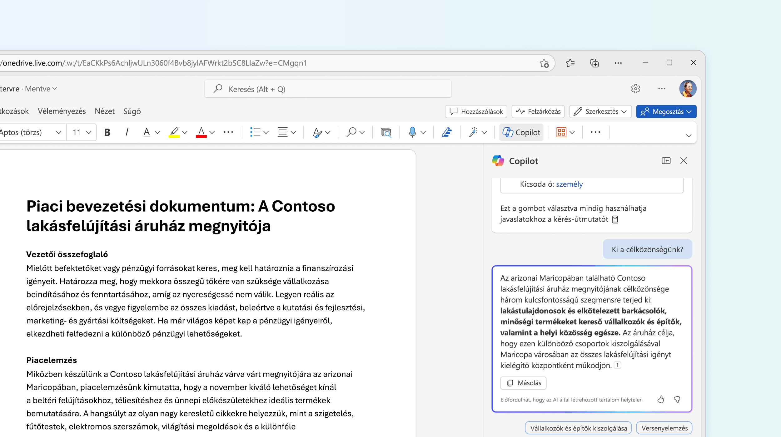 A képernyőképen a Copilot a Wordben látható egy dokumentumra vonatkozó kérdés megválaszolásakor.