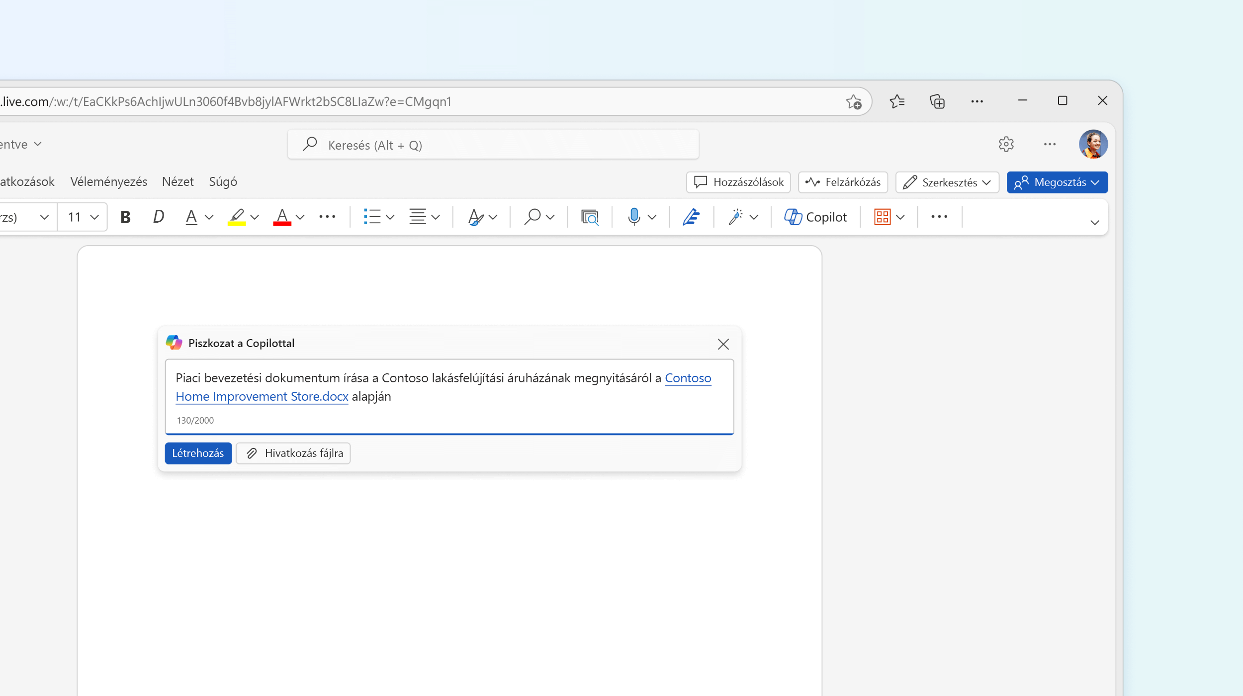 A képernyőképen a Wordben elérhető Piszkozat a Copilottal látható.