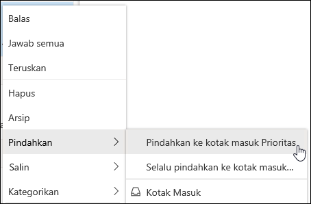 Cuplikan layar memperlihatkan menu klik kanan dengan kotak masuk Pindahkan ke Prioritas dan opsi Selalu pindahkan ke Kotak masuk Prioritas.