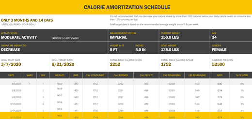 Screenshot templat Jadwal Amortisasi Kalori