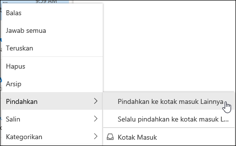 Cuplikan layar memperlihatkan menu klik kanan dengan opsi untuk Pindahkan ke Kotak masuk Lainnya dan Selalu pindahkan ke Kotak masuk Lainnya.