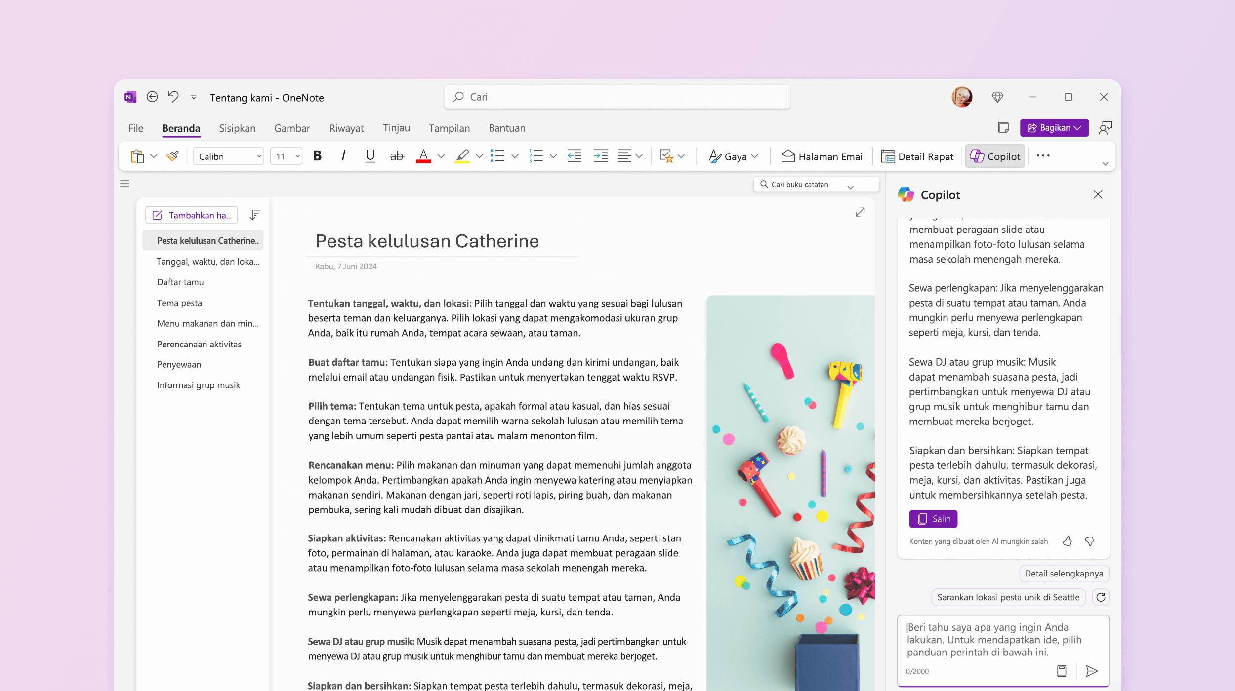 Cuplikan layar memperlihatkan Copilot di OneNote yang memberikan saran untuk dicoba.