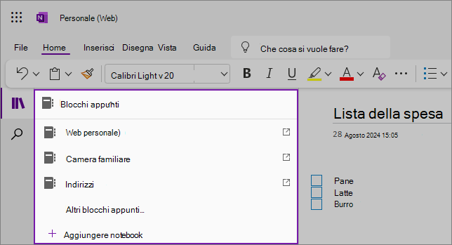 Screenshot dell'elenco a discesa di esempio dei blocchi appunti di OneNote