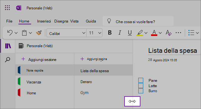 Screenshot che mostrano come ridimensionare i riquadri di spostamento di OneNote