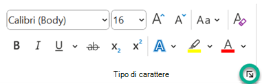 Pulsante di visualizzazione della finestra di dialogo Carattere.