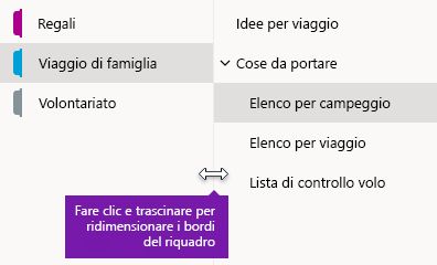 Ridimensionamento dei riquadri di spostamento in OneNote per Windows 10