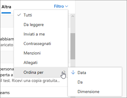 Filtro della posta elettronica in Outlook sul Web