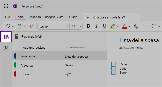 Visualizzazione dell'interfaccia utente Web di OneNote con l'area del contenuto