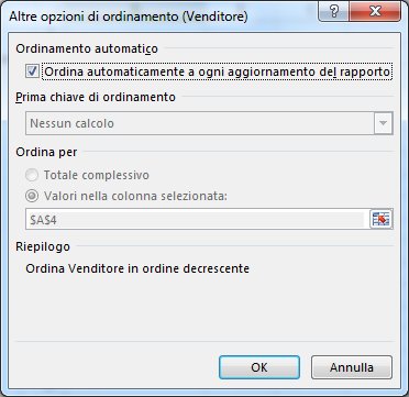 Finestra di dialogo Altre opzioni di ordinamento