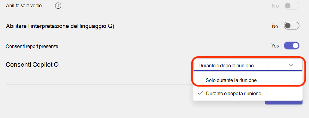 Menu a discesa con opzioni per consentire copilot solo durante la riunione o durante e dopo la riunione.