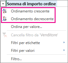 Opzioni di ordinamento crescente o decrescente