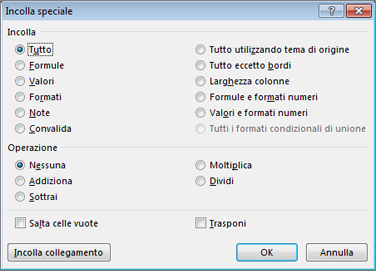 Finestra di dialogo Incolla speciale.