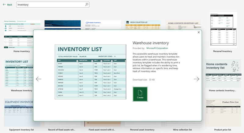 Microsoft Excel でのウェアハウス インベントリ テンプレートのプレビュー