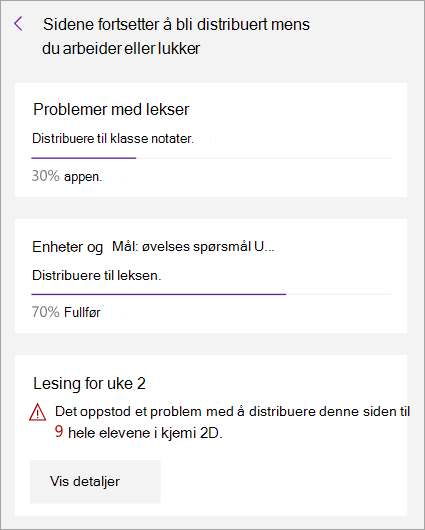 Det vises en feil under distribusjon av en side i klassenotatblokken.