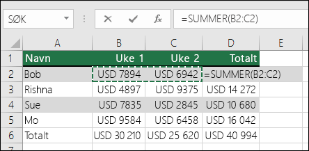 Celle D2 viser formelen Autosummer summer: =SUM(B2:C2)