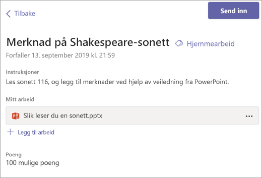 Vis oppgaven din, og velg Lever inn.