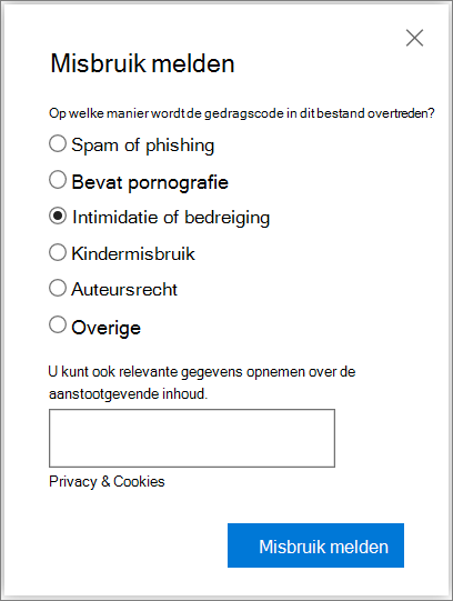 Schermafbeelding van het dialoogvenster Misbruik melden in OneDrive