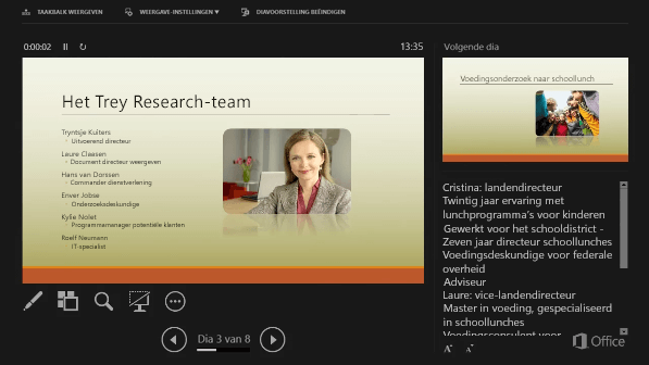 Weergave voor presentator in PowerPoint 2016 met een cirkel rond de sprekersnotities