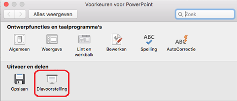 Klik op Diavoorstelling in het dialoogvenster Voorkeuren voor PowerPoint onder Uitvoer en Delen.