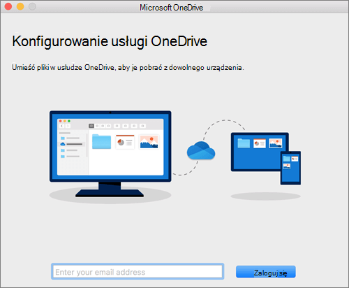 Zrzut ekranu przedstawiający pierwszą stronę konfiguracji usługi OneDrive