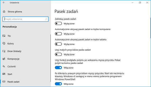 Ustawienia paska zadań