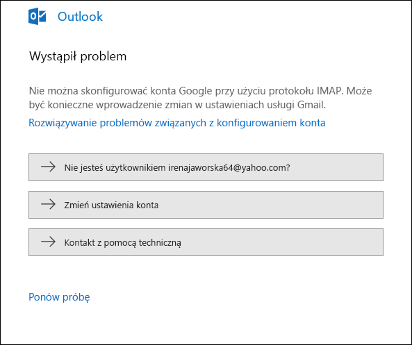 Wystąpił problem z dodawaniem konta e-mail do programu Outlook.