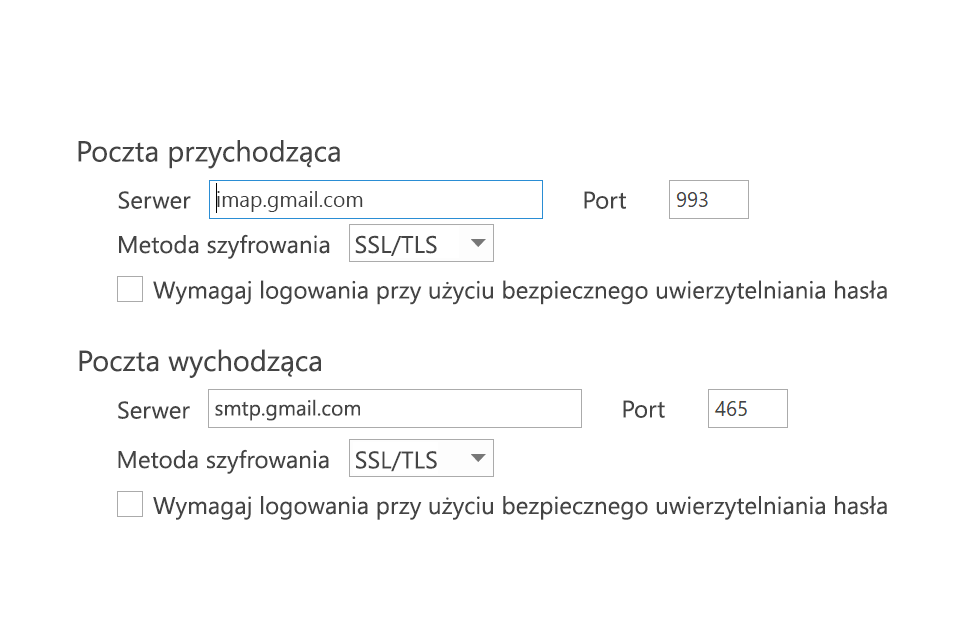 Wyczyszczone SPA ustawień protokołu IMAP