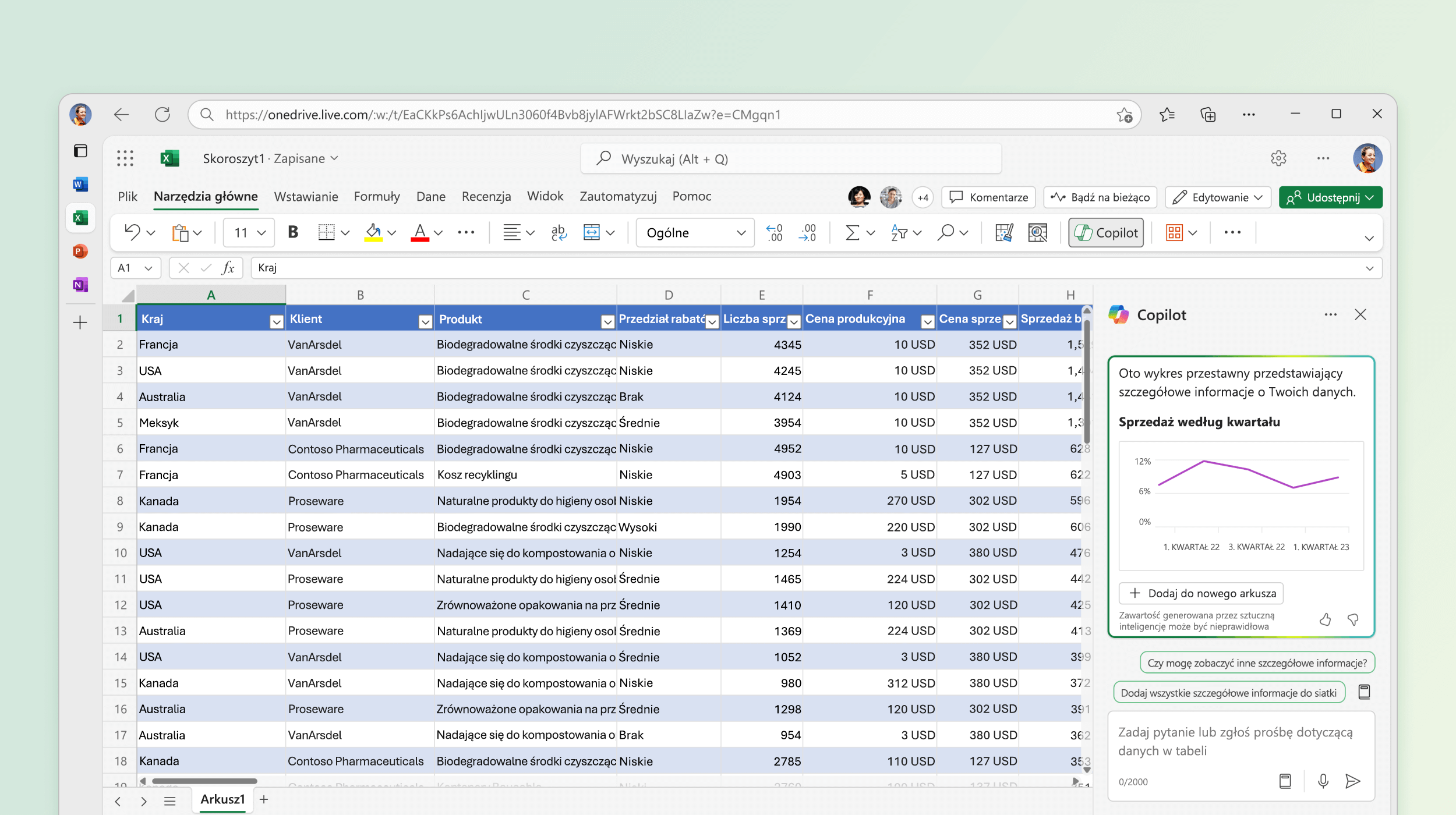 Zrzut ekranu przedstawiający funkcję Copilot w programie Excel identyfikującą szczegółowe informacje z istniejących danych.