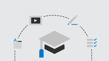 Ilustração de um chapéu de formatura conectado a ícones de texto, vídeo, escrita e lista de verificação, representando recursos educacionais