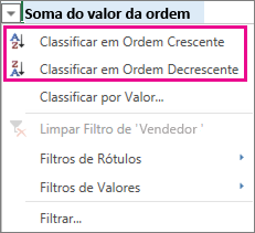 Opções de classificação crescente e decrescente