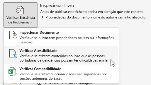 Ícone de verificar a existência de problemas e verificar acessibilidade