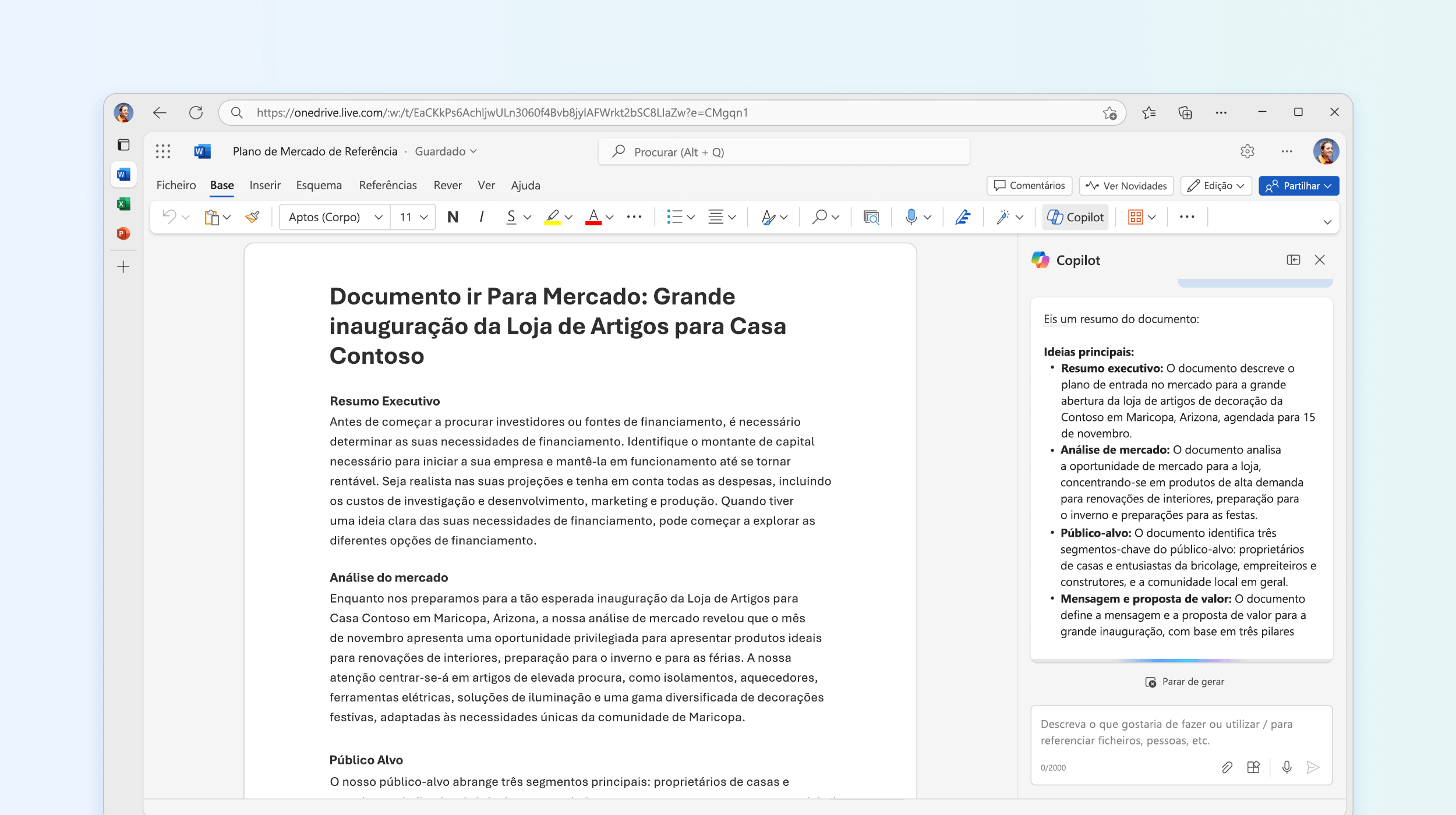 A captura de ecrã mostra o Copilot no Word a resumir o documento.