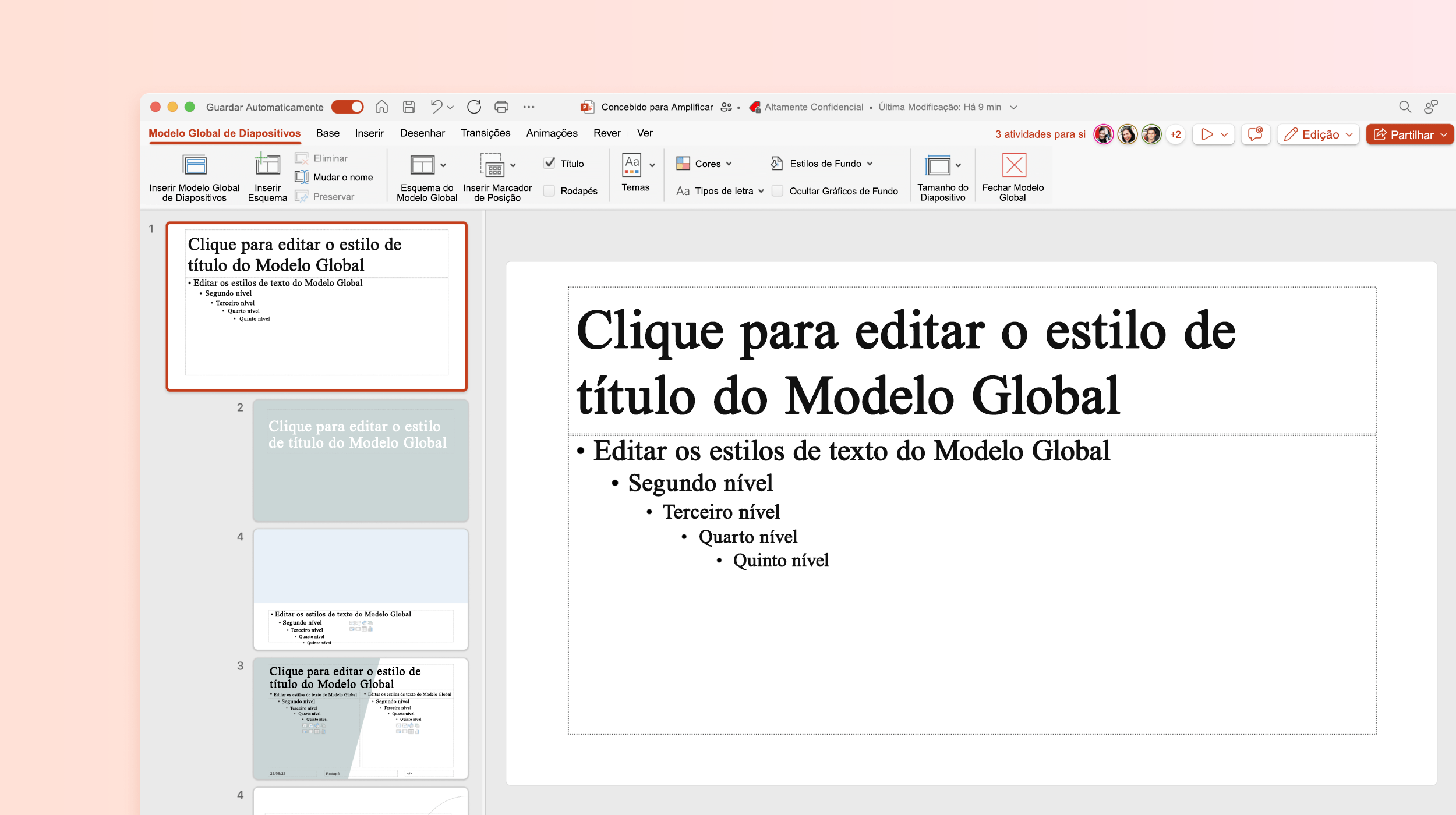 Captura de ecrã a mostrar um modelo de Diapositivo Principal no PowerPoint.