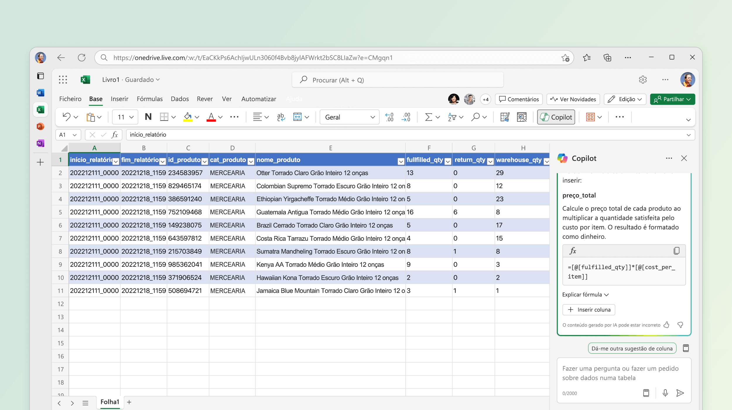 Captura de ecrã a mostrar o Copilot no Excel a sugerir uma fórmula para cálculo.