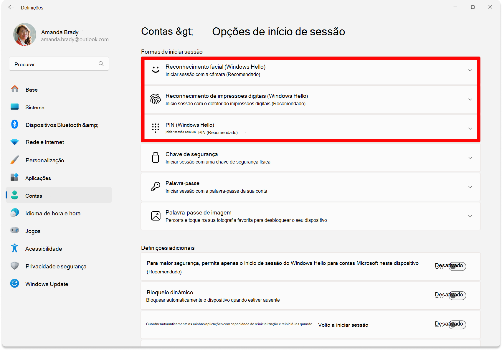 Captura de ecrã das Definições – Opções para configurar o Windows Hello.