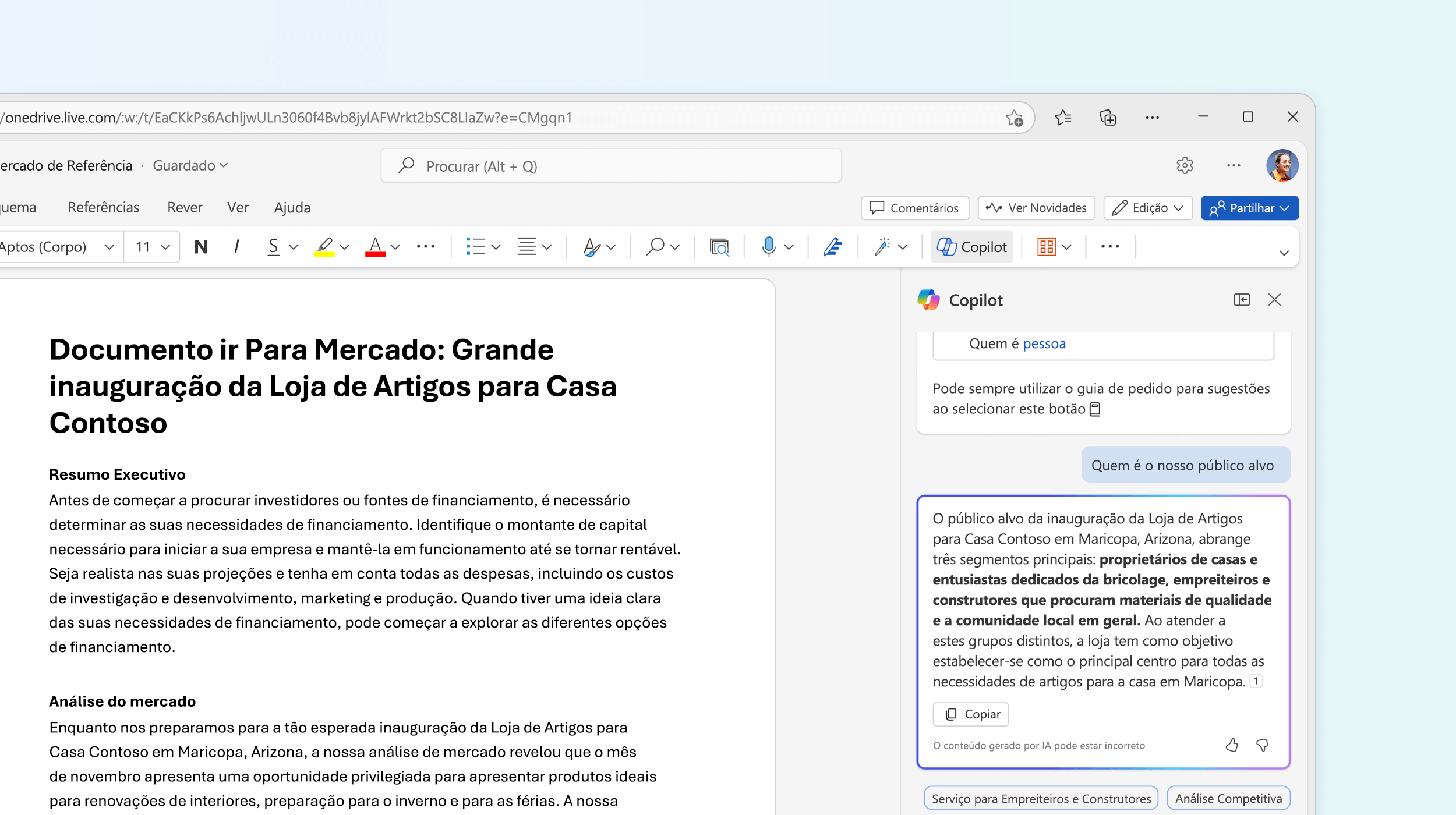 A captura de ecrã mostra o Copilot no Word a responder a uma pergunta sobre o documento.