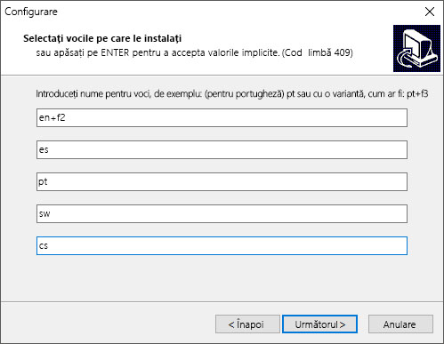 Caseta de dialog de instalare eSpeak