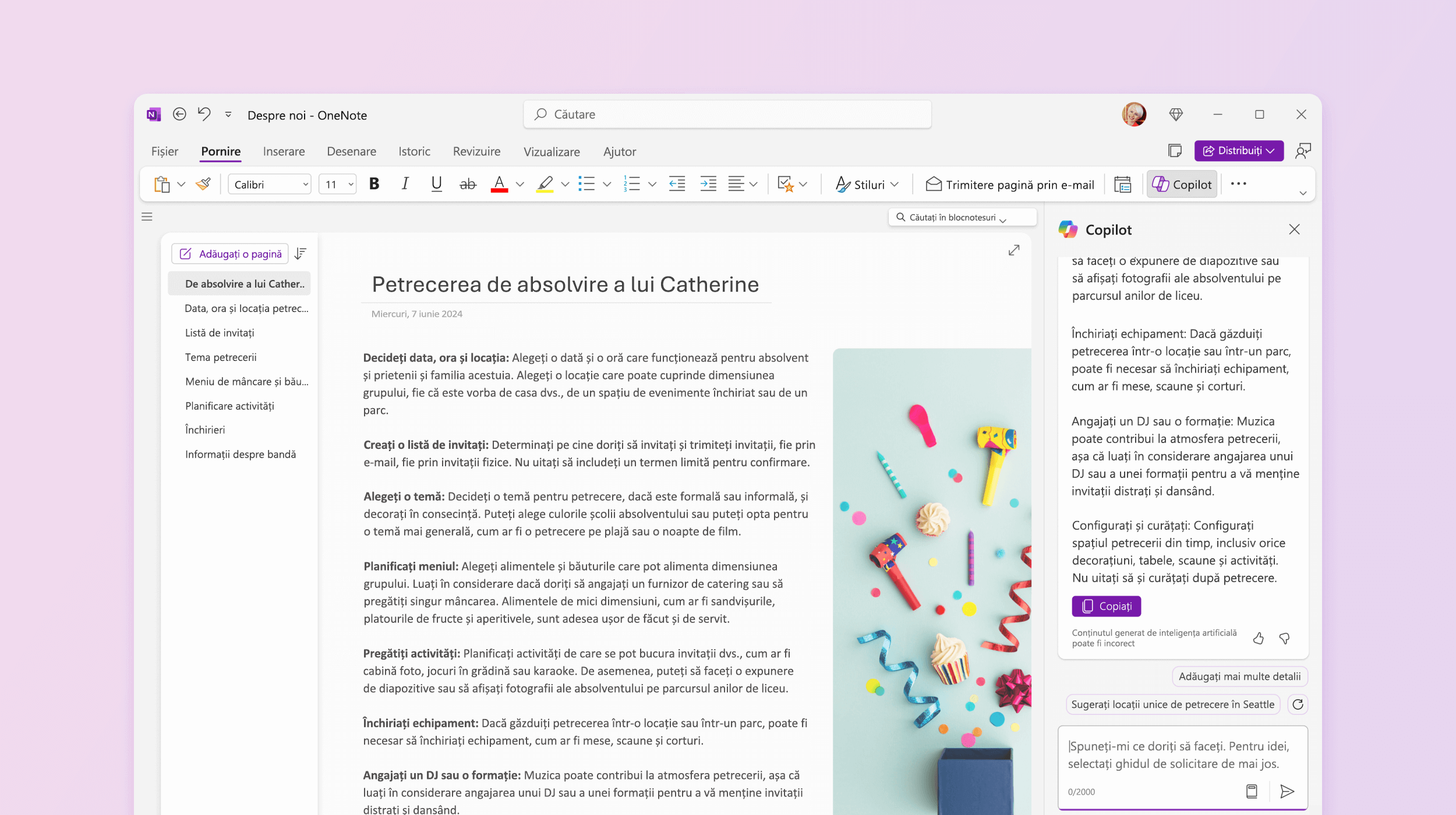 Captura de ecran arată Copilot în OneNote făcând sugestii de încercat.