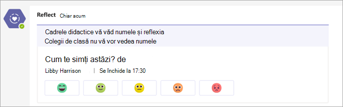 check-in așa cum apare în canalul echipelor clasei. 5 butoane emoji de la foarte confortabil la foarte incomod sub check-in întrebarea "cum te simți astăzi?"