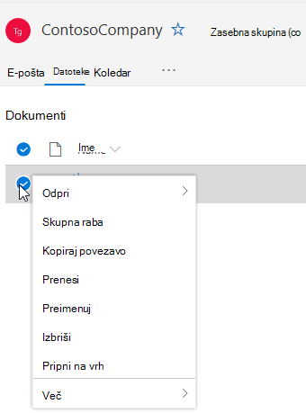 Prikaz možnosti »Izbriši« in »Preimenuj datoteko«