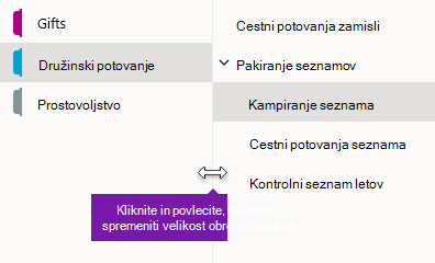 Spreminjanje velikosti podoken za krmarjenje v OneNotu za Windows 10