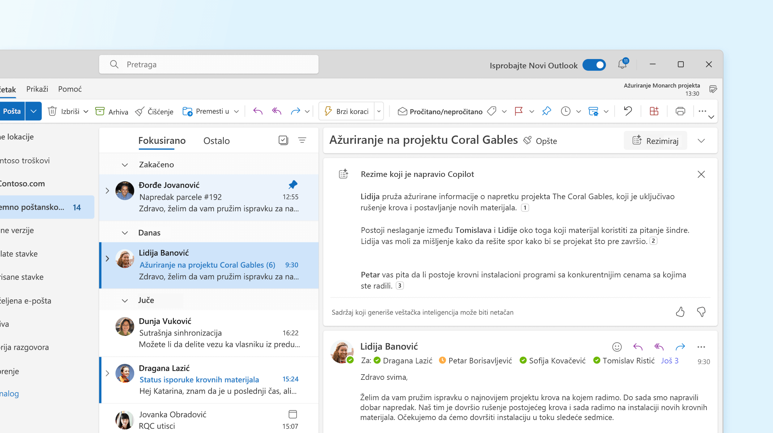 Snimak ekrana prikazuje rezime usluge Copilot u programu Outlook.