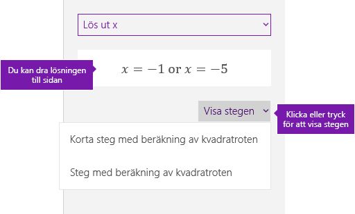 Knappen Visa steg i åtgärdsfönstret Matematik