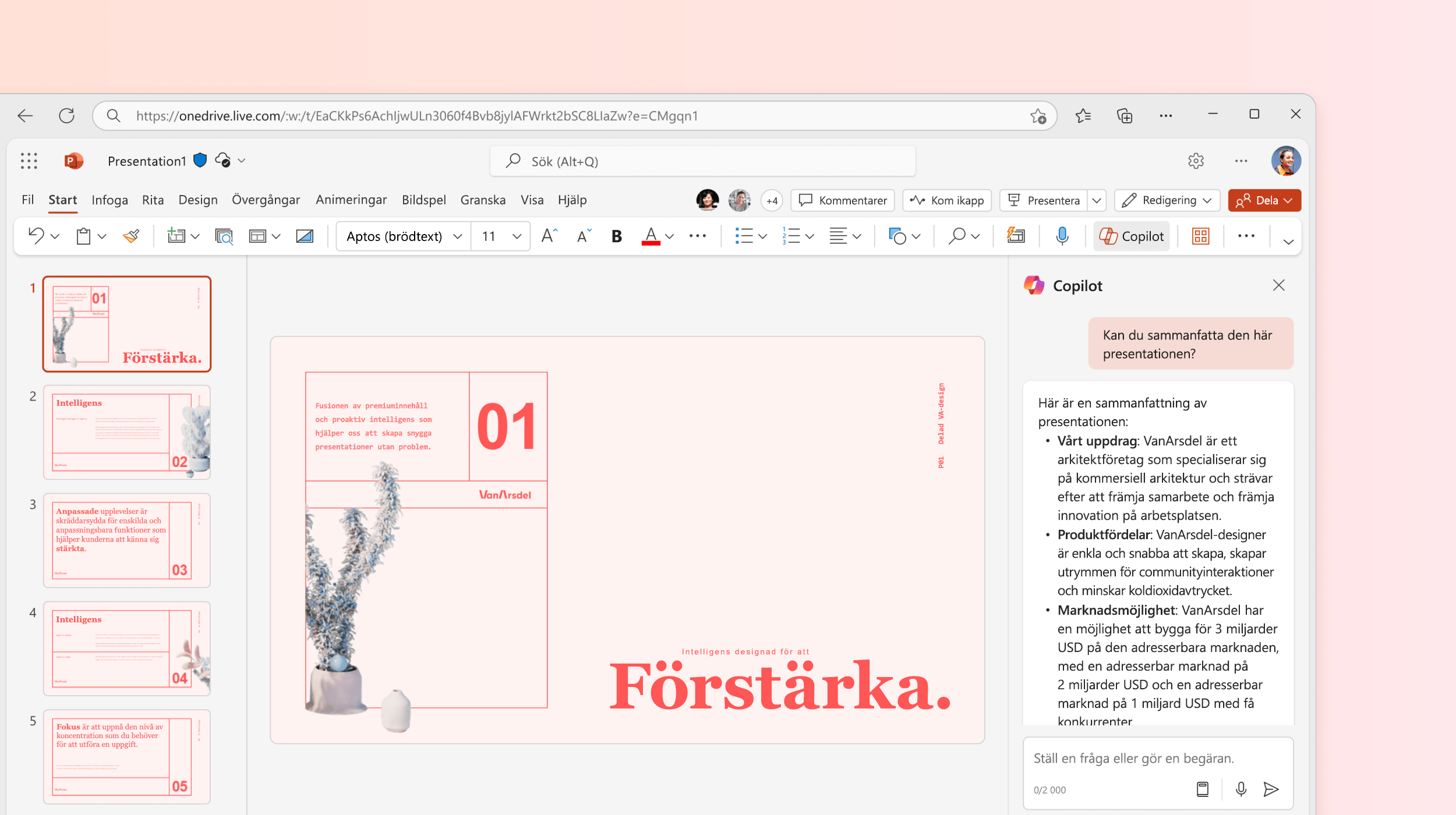 Skärmbild som visar Copilot i PowerPoint som sammanfattar presentationen.