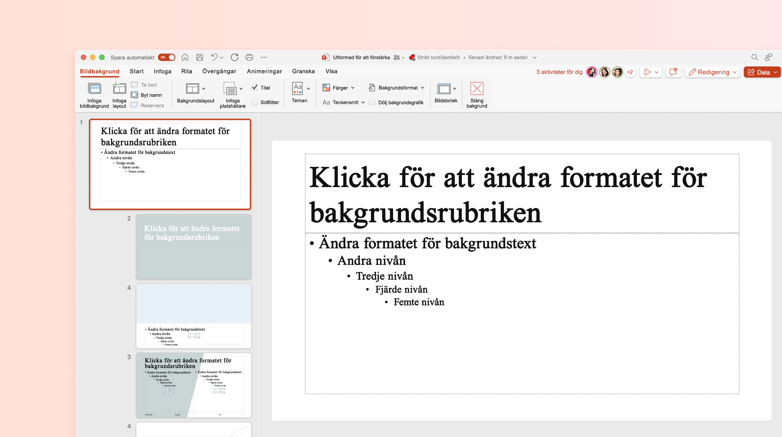 Skärmbild som visar en Silde Master i PowerPoint-mallen.