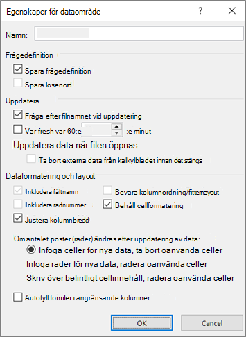 Exempel på dialogrutan Egenskaper för externt dataområde