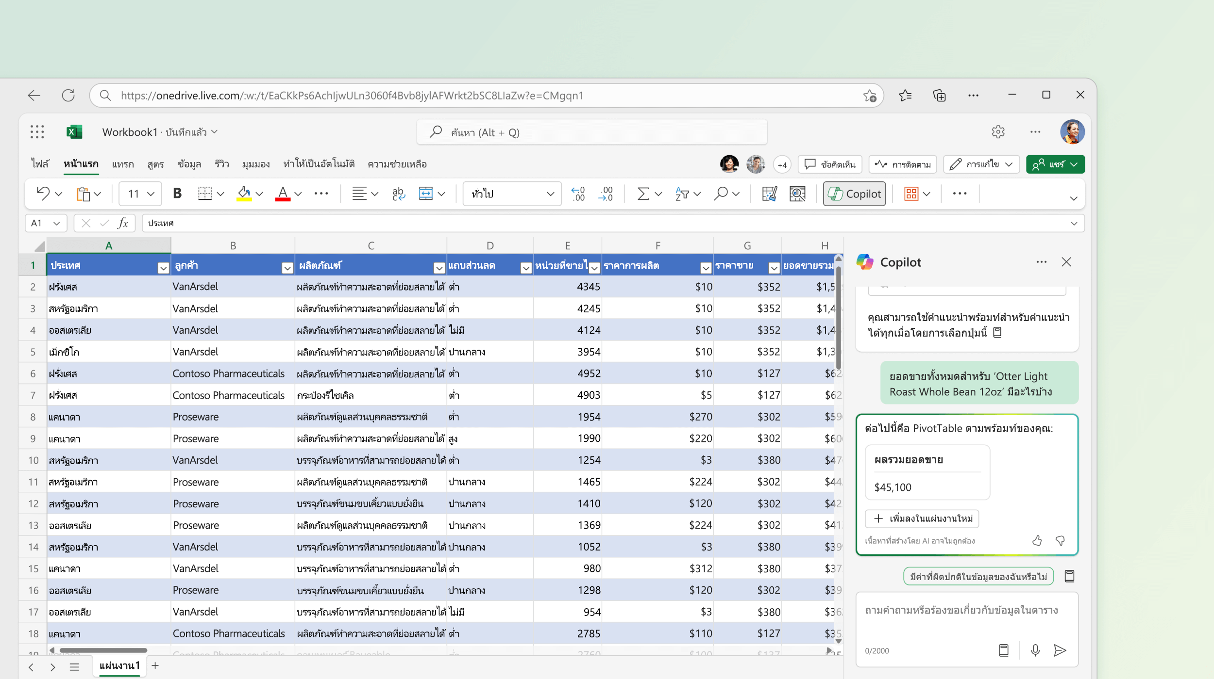 สกรีนช็อตแสดง Copilot ใน Excel ที่แนะนํา PivotTable โดยยึดตามข้อมูลที่มีอยู่