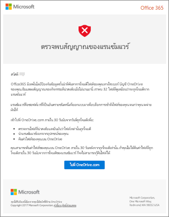 สกรีนช็อตของอีเมล Ransomware Detection จาก Microsoft