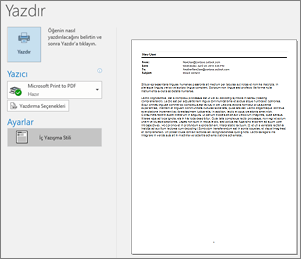 Outlook e-posta iletisinin baskı önizlemesi