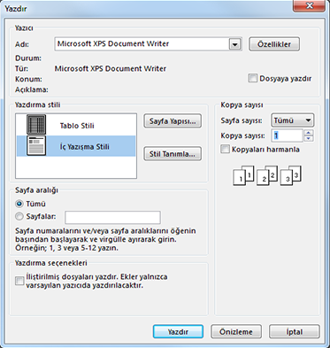 Outlook Yazdır iletişim kutusu yazıcı seçenekleri